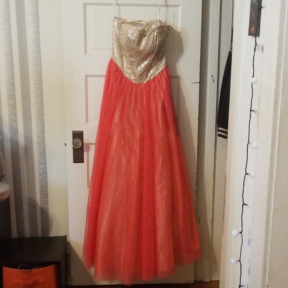 Strapless Gold Sequin & Pink Masquerade Dress